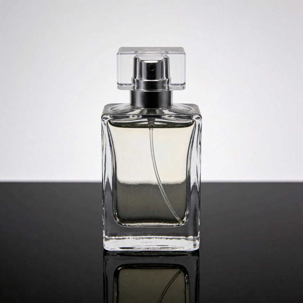 A clear glass perfume bottle on a reflective black surface w