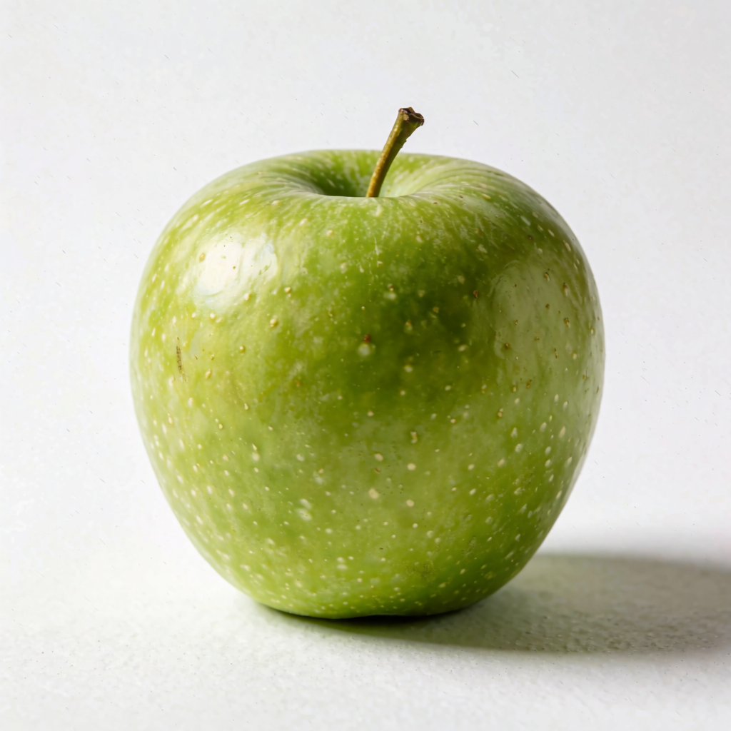 A ripe green apple on a seamless white background with soft 