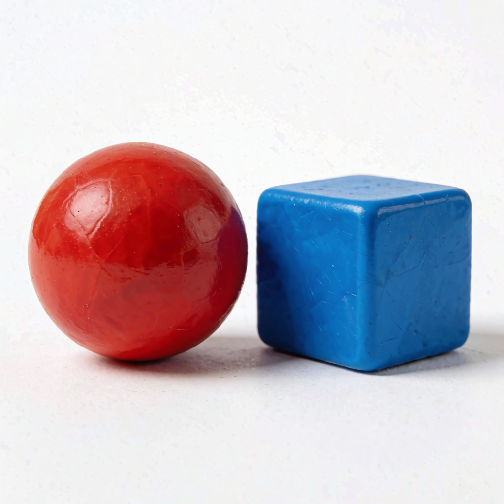 A red ball and a blue cube sitting side by side on a white s