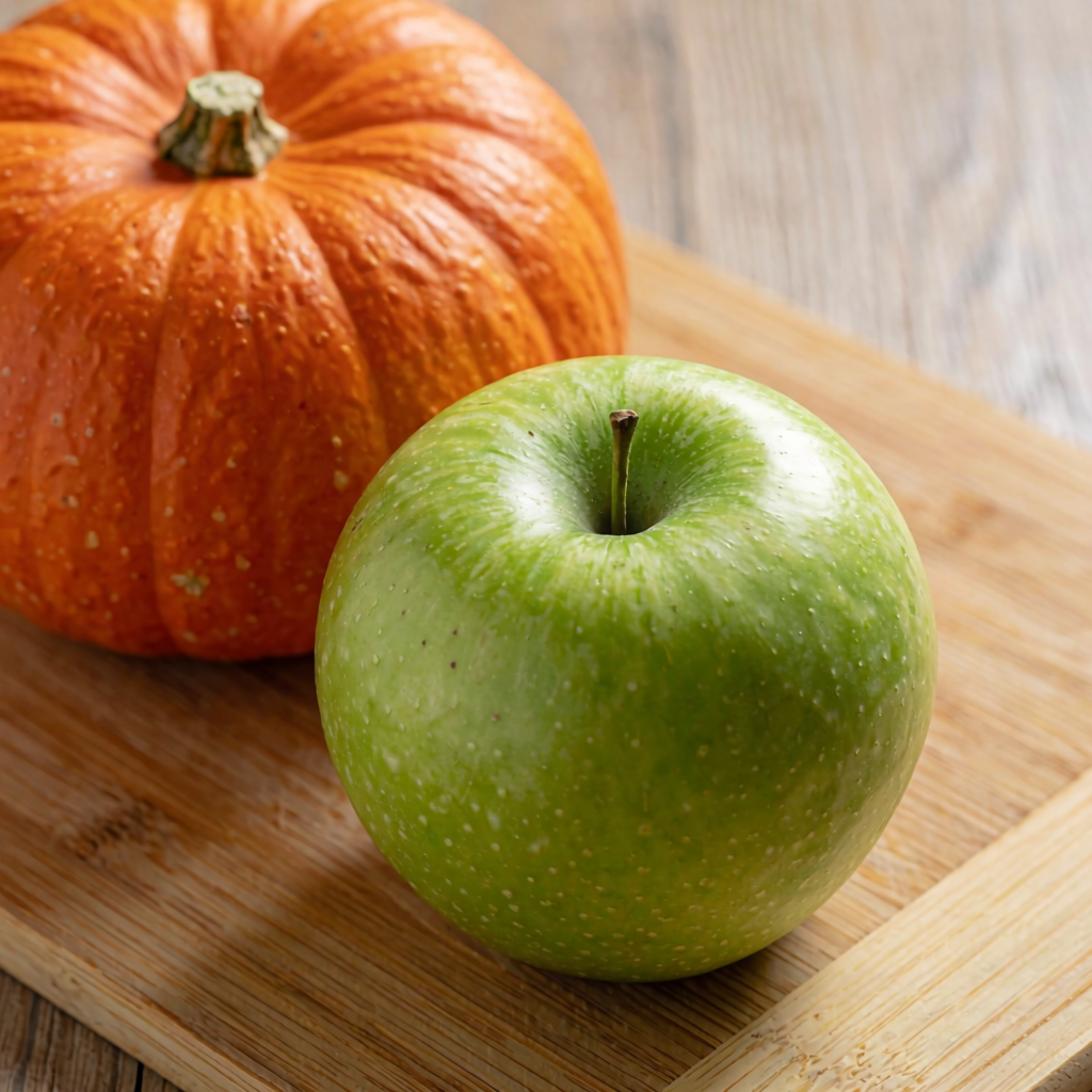 A green apple and an orange pumpkin on a wooden cutting boar