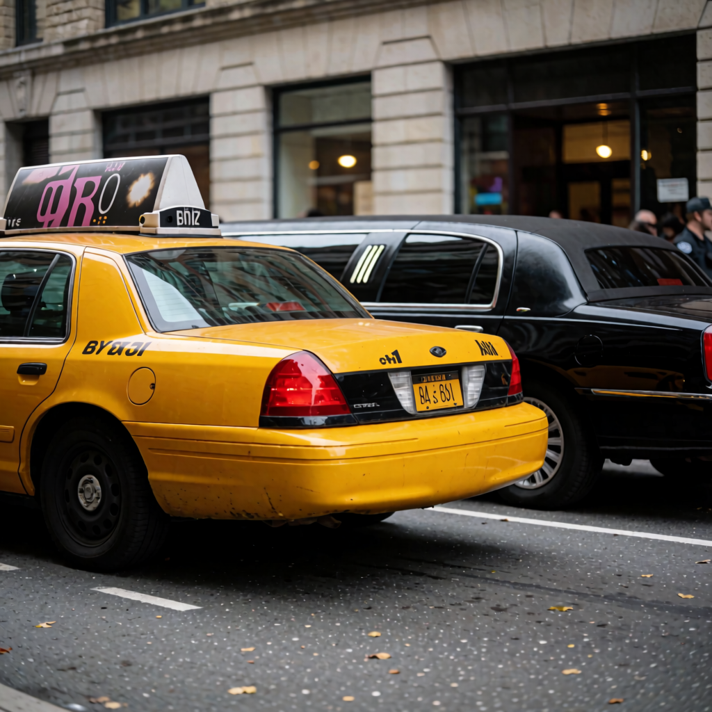 A yellow taxi and a black limousine parked next to each othe
