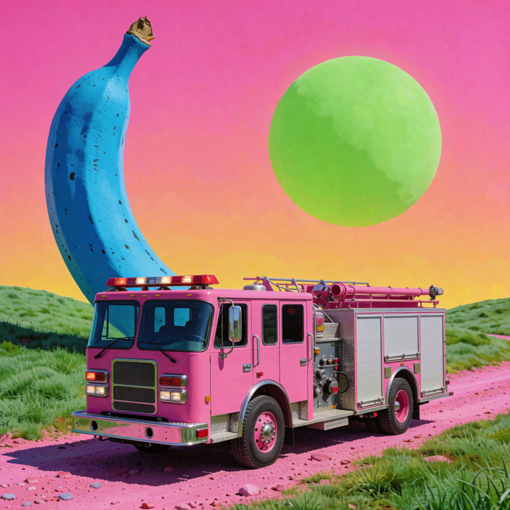 A pink fire truck, a blue banana, and a green sun in a surre