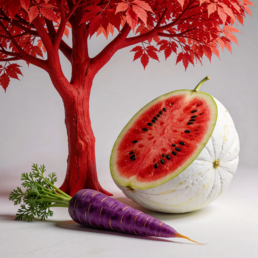 A purple carrot, a red tree with red leaves, and a white wat