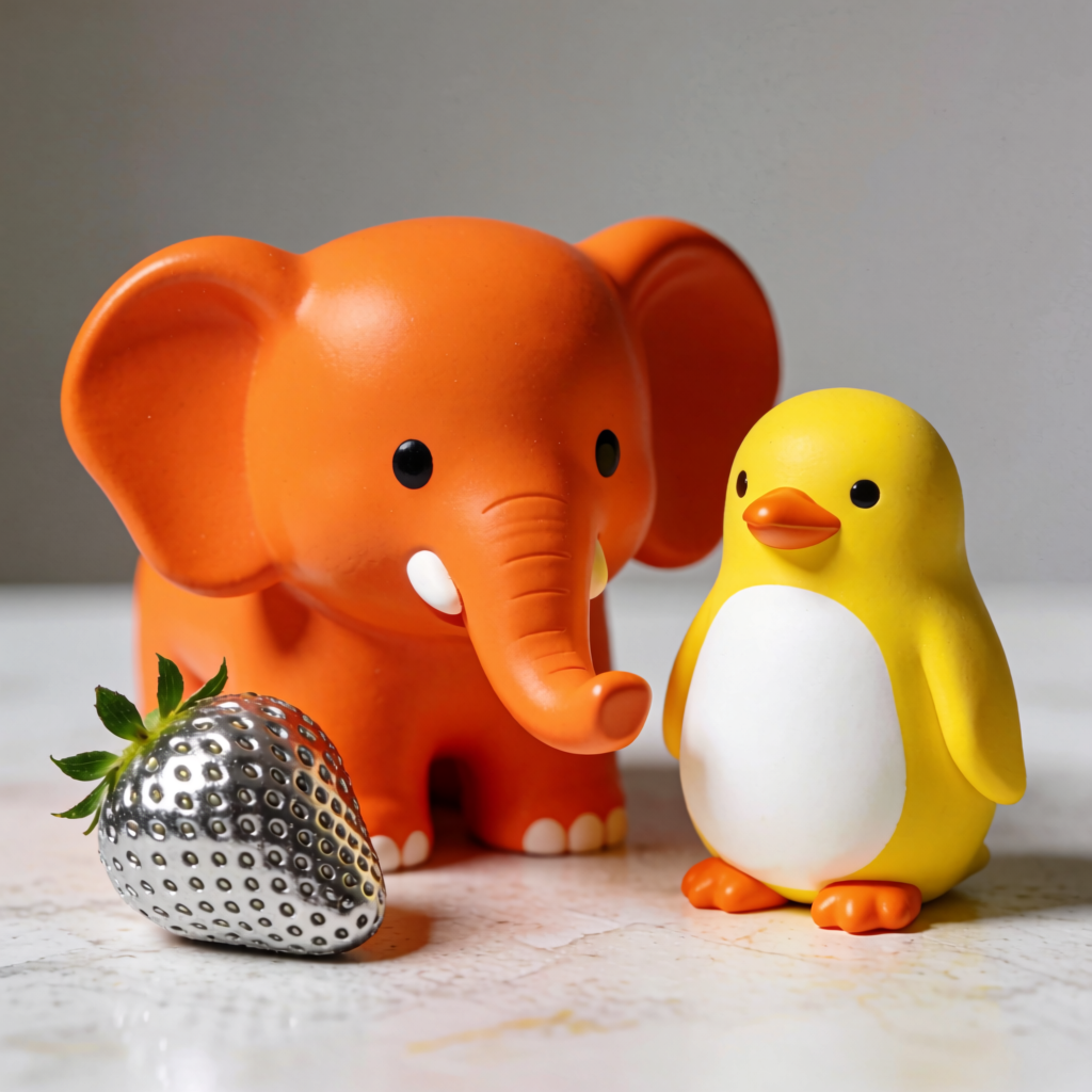 An orange elephant, a yellow penguin, and a silver strawberr