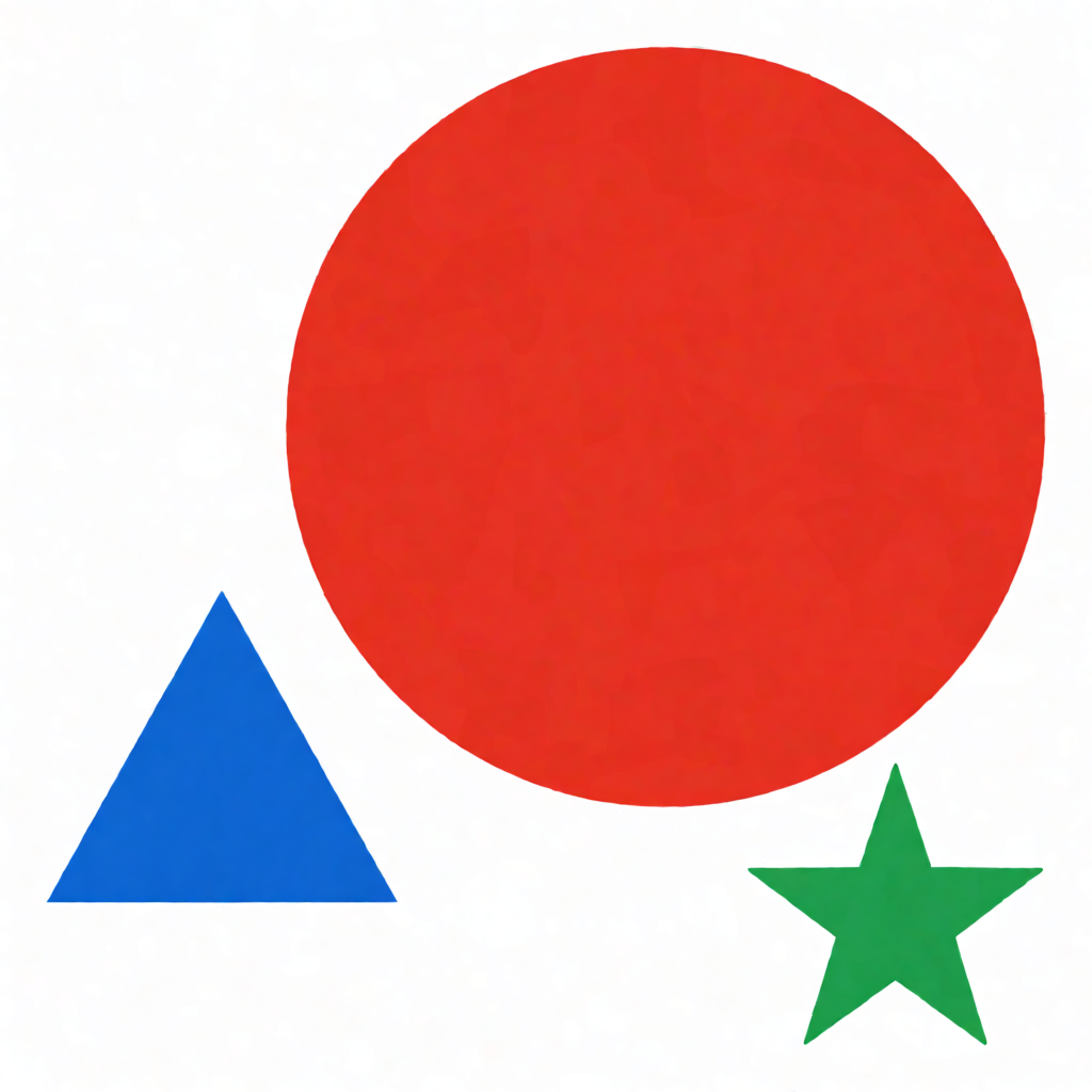 A large red circle, a small blue triangle, and a medium gree