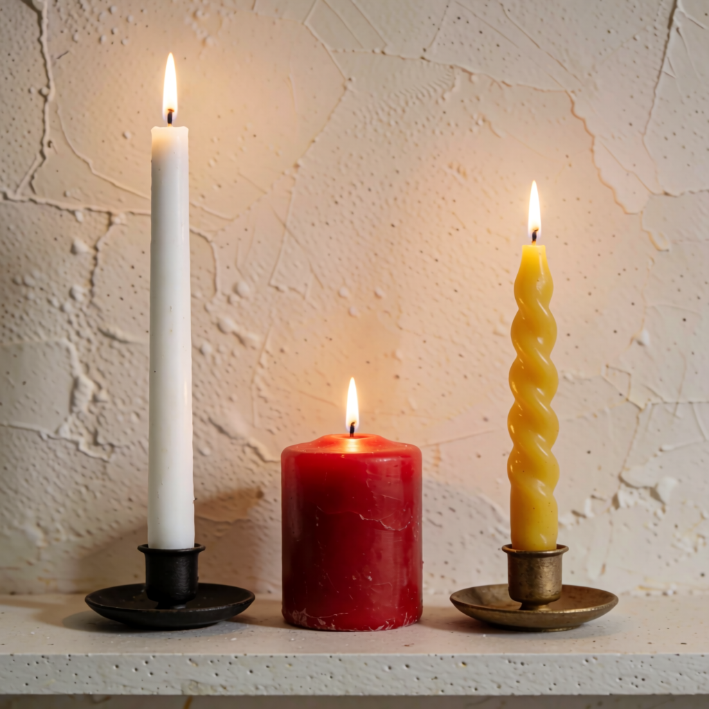 A tall thin white candle, a short fat red candle, and a medi