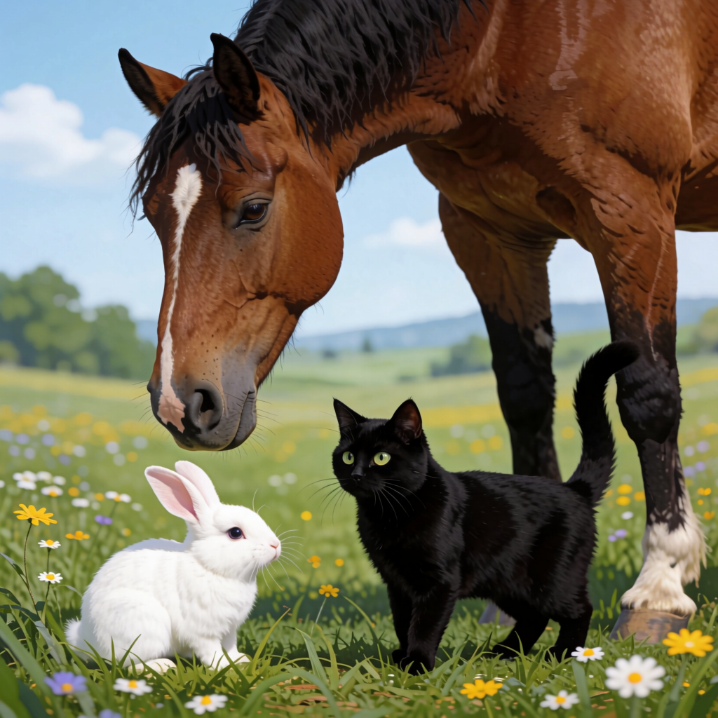 A big brown horse, a small white rabbit, and a medium-sized 