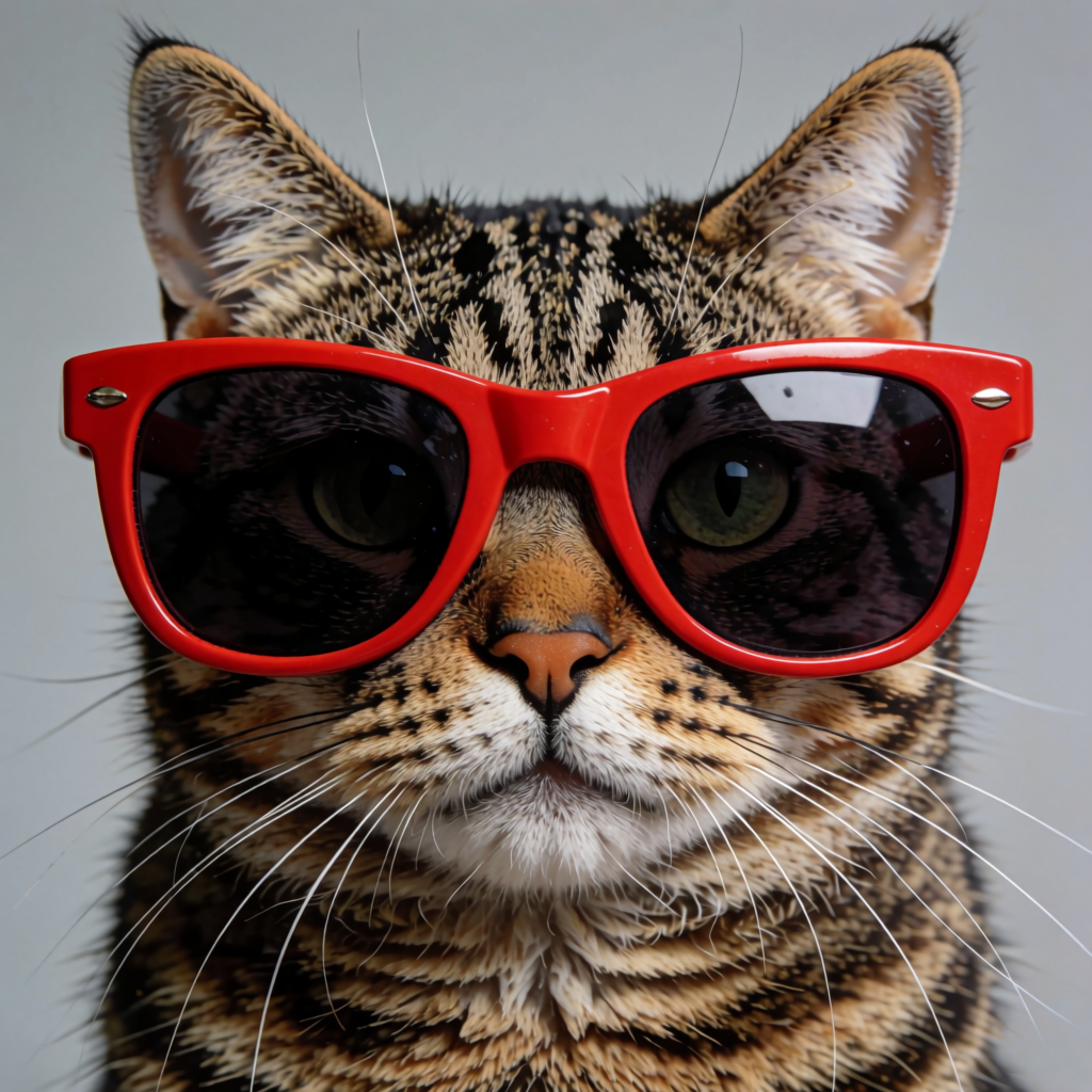A tabby cat wearing oversized red sunglasses
