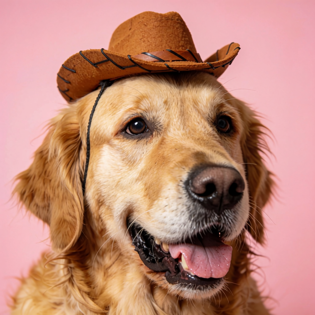 A golden retriever wearing a tiny cowboy hat