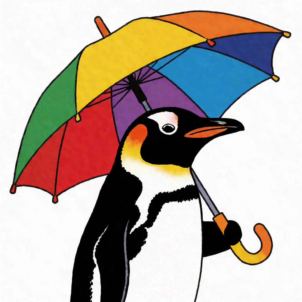 A penguin holding a colorful umbrella