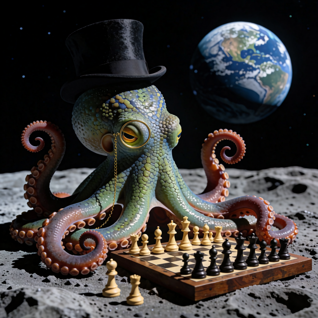 An octopus wearing a top hat and monocle playing chess on th