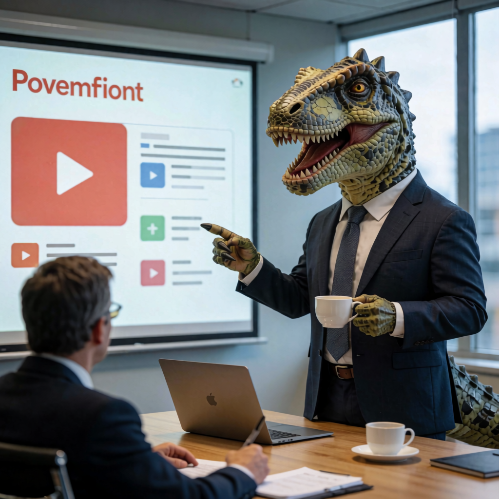 A dinosaur in a business suit giving a PowerPoint presentati