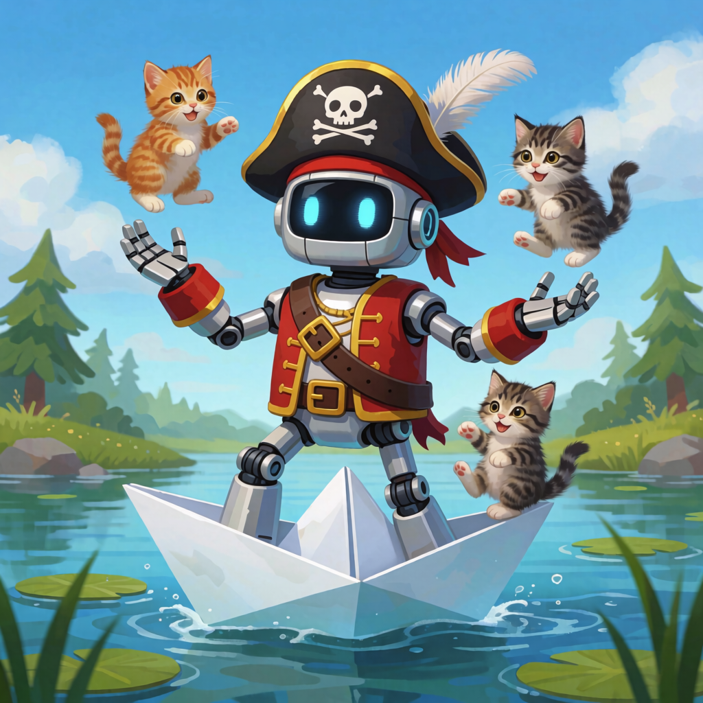 A robot dressed as a pirate sailing a paper boat on a lake o