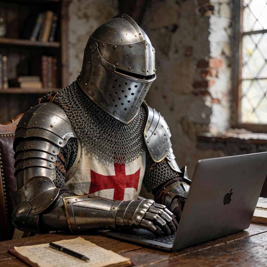 A medieval knight in full armor sitting at a desk typing on 