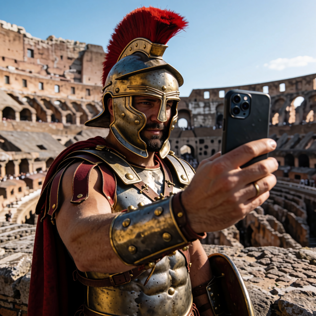 A Roman gladiator taking a selfie with a smartphone in the C
