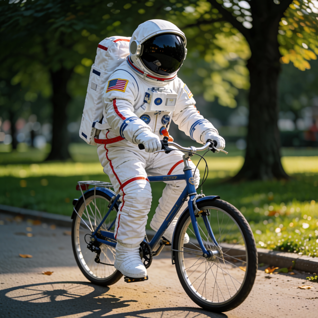 An astronaut in a spacesuit riding a bicycle through a park