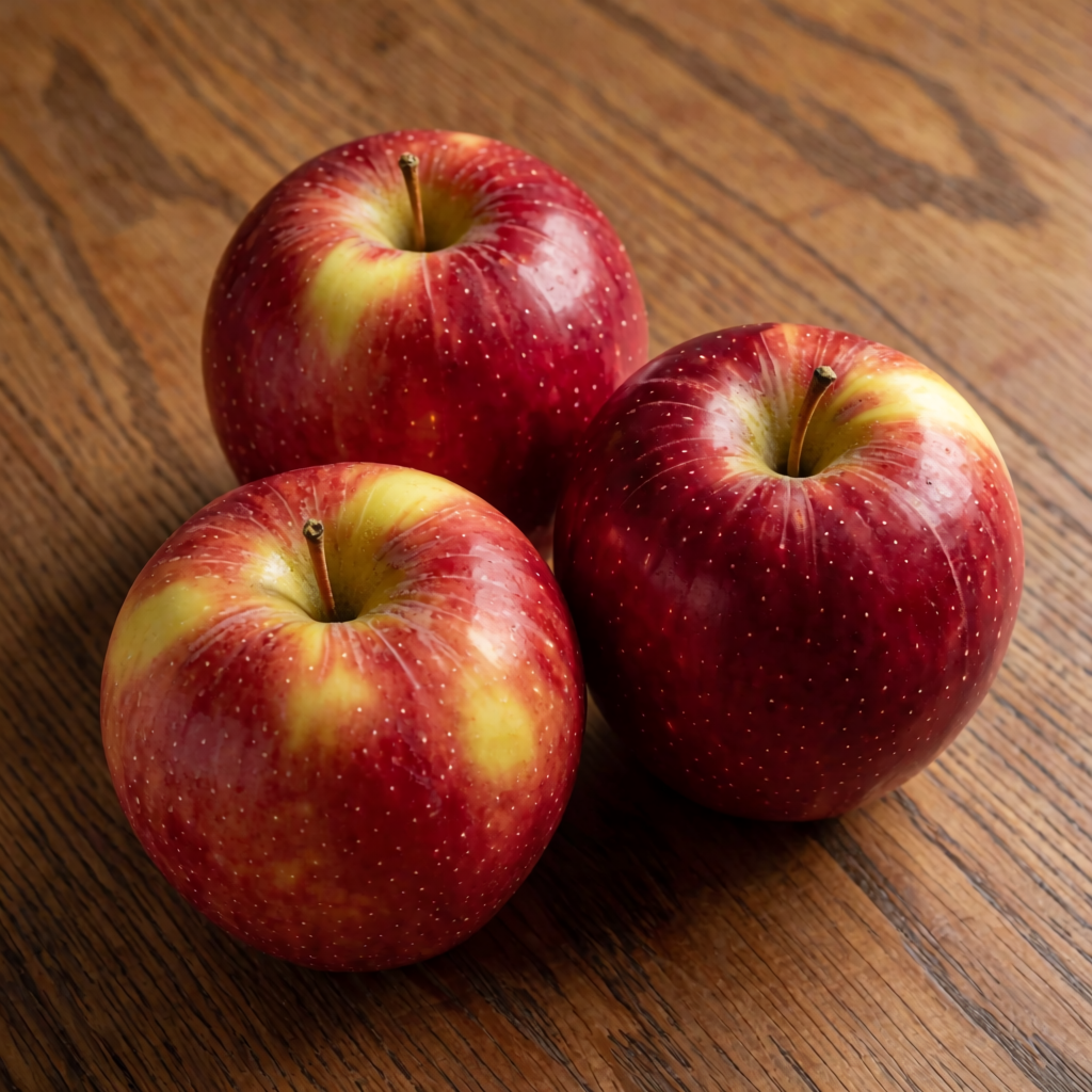 Exactly 3 red apples arranged on a wooden table