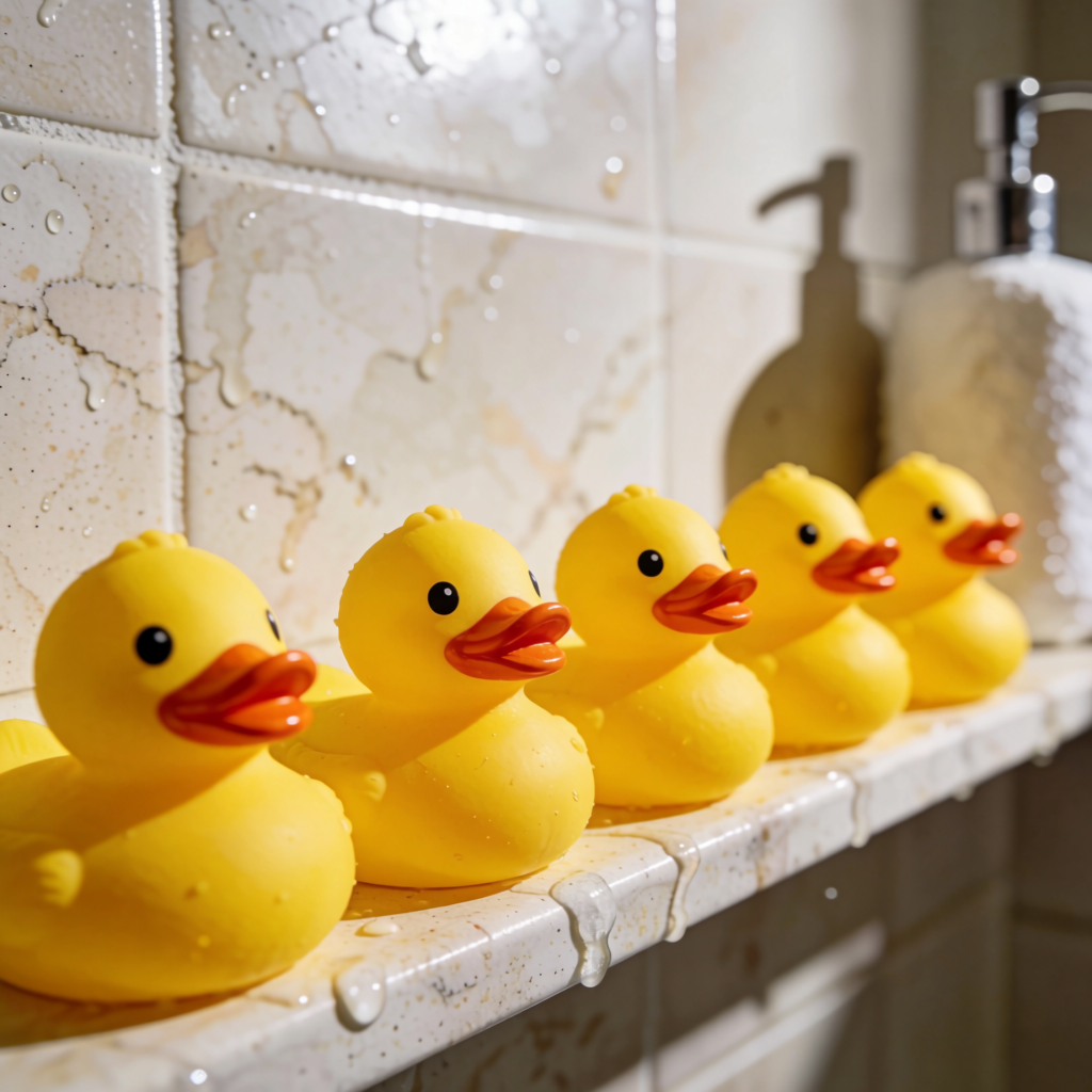 Exactly 5 yellow rubber ducks sitting in a row on a bathroom