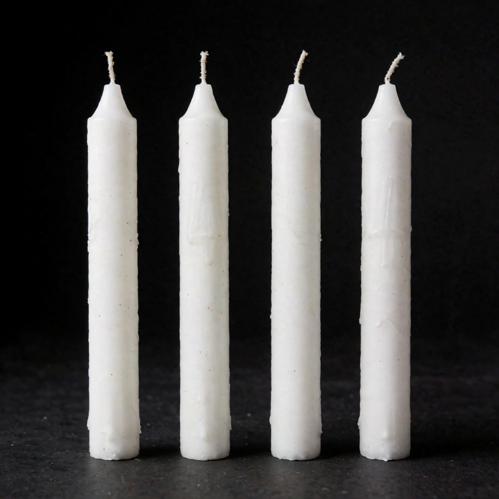 Exactly 4 white candles standing on a dark surface