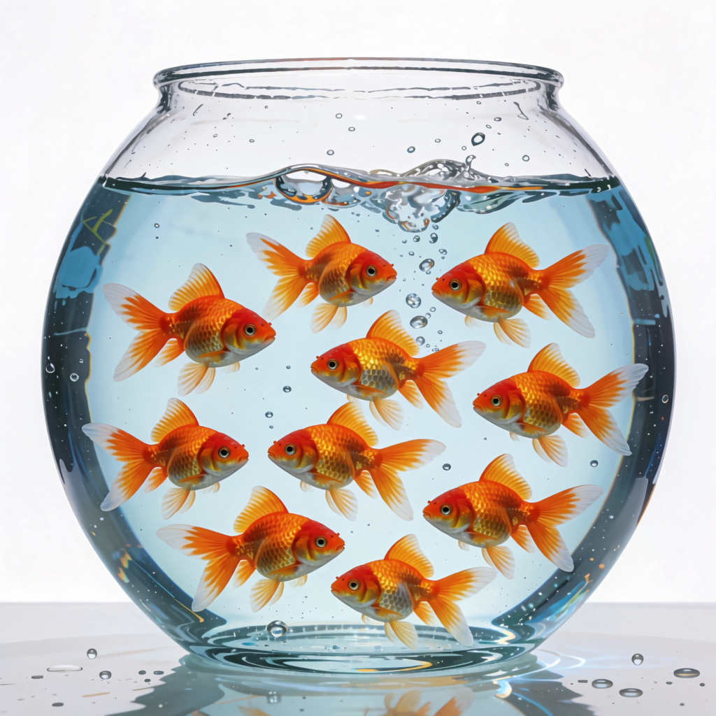 Exactly 9 goldfish swimming in a large round fishbowl