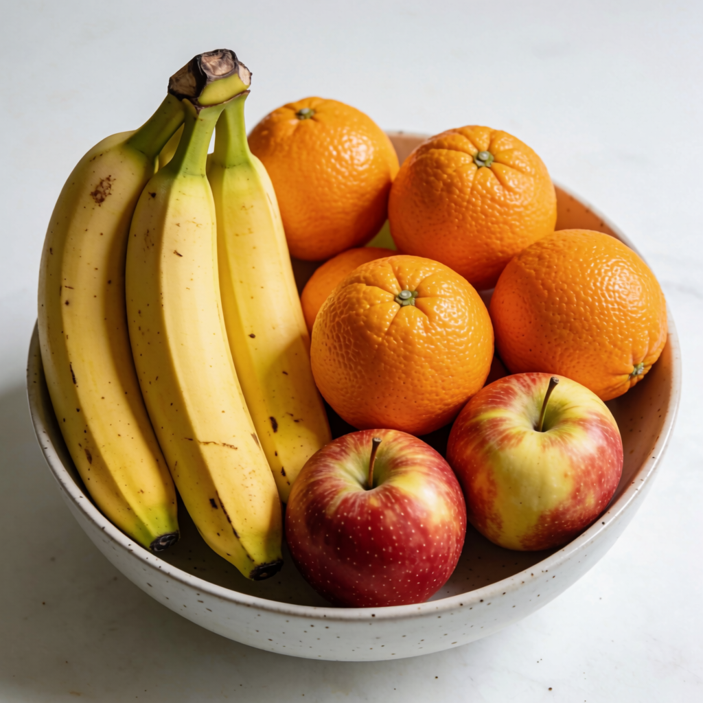 A fruit bowl containing exactly 3 bananas, 4 oranges, and 2 