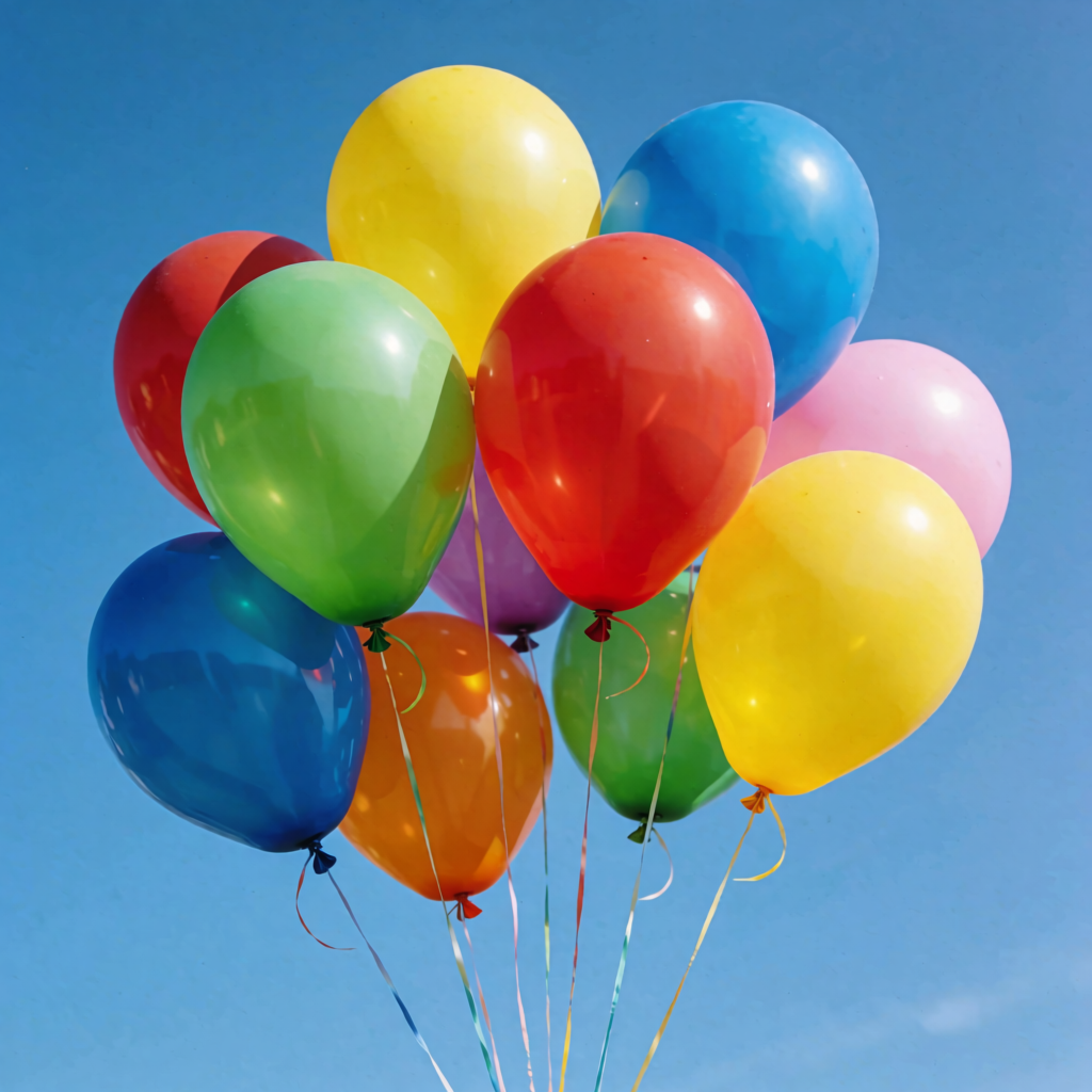 Exactly 11 colorful balloons floating against a clear blue s