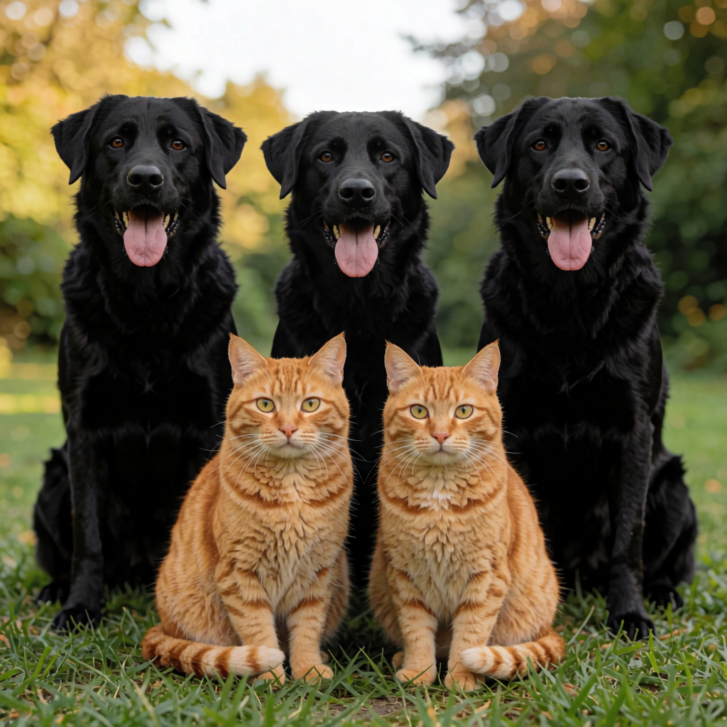 2 orange cats and 3 black dogs sitting together on a grassy 