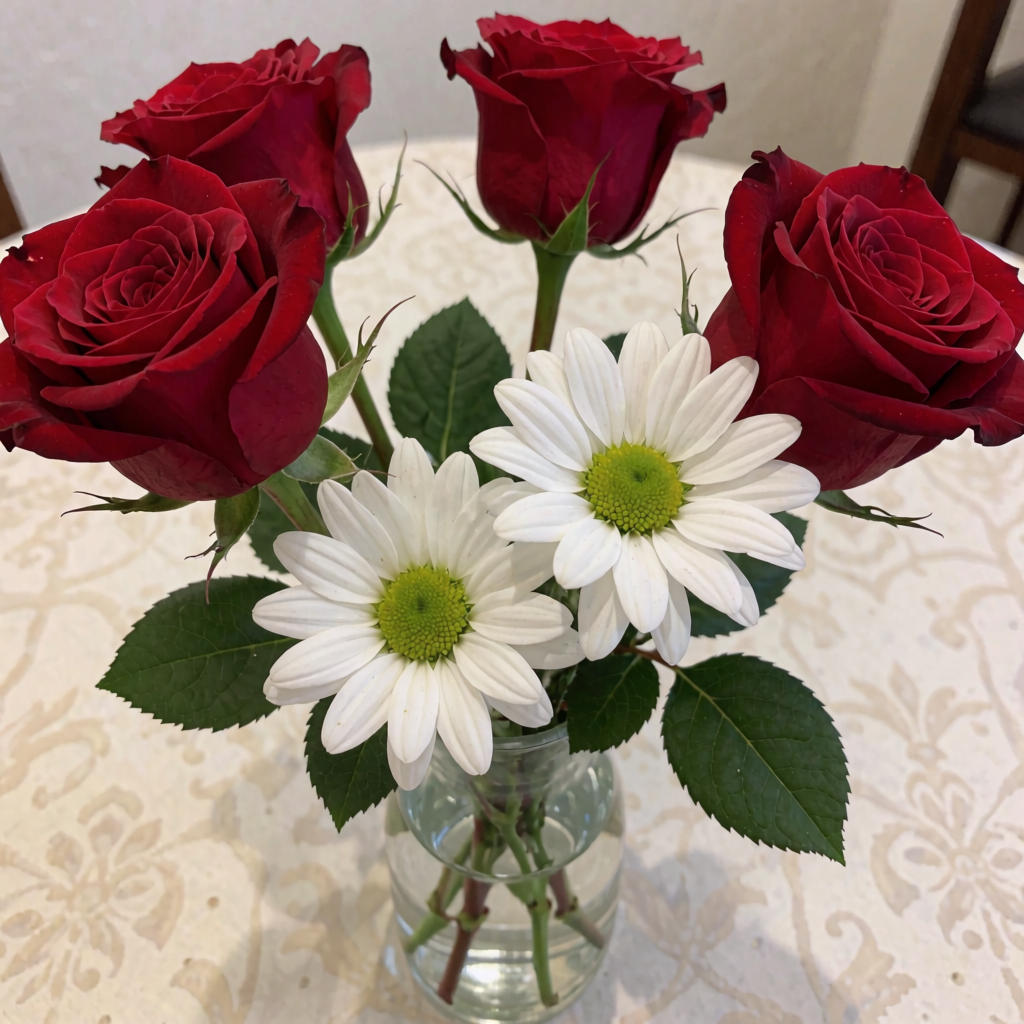 4 red roses and 2 white daisies in a glass vase on a table