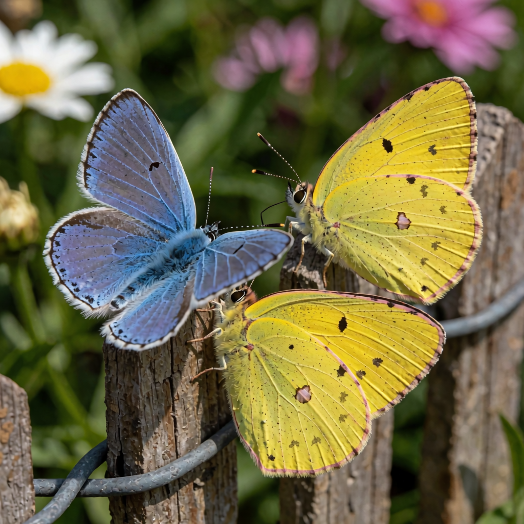 1 blue butterfly and 3 yellow butterflies resting on a garde