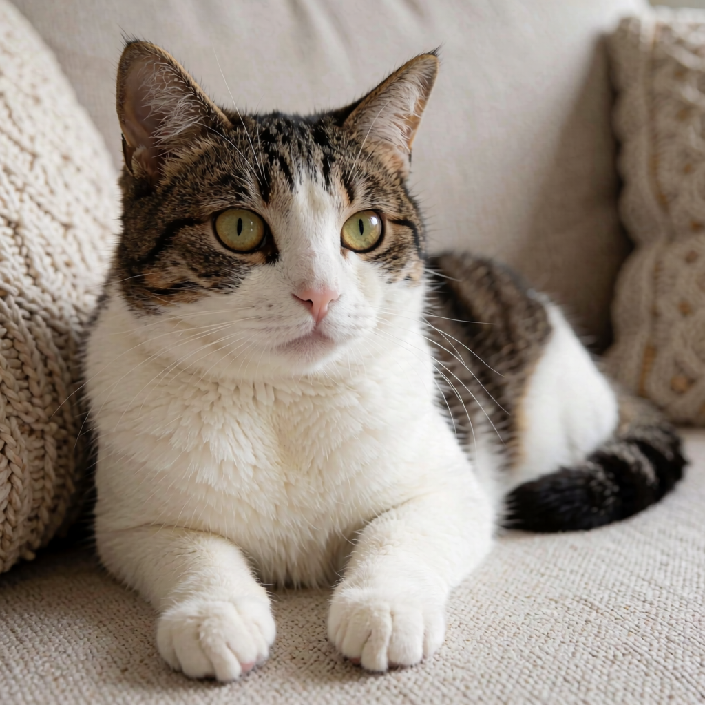 A cat lying on a couch without a collar