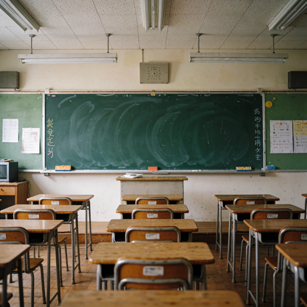 A classroom with desks and a chalkboard but no students