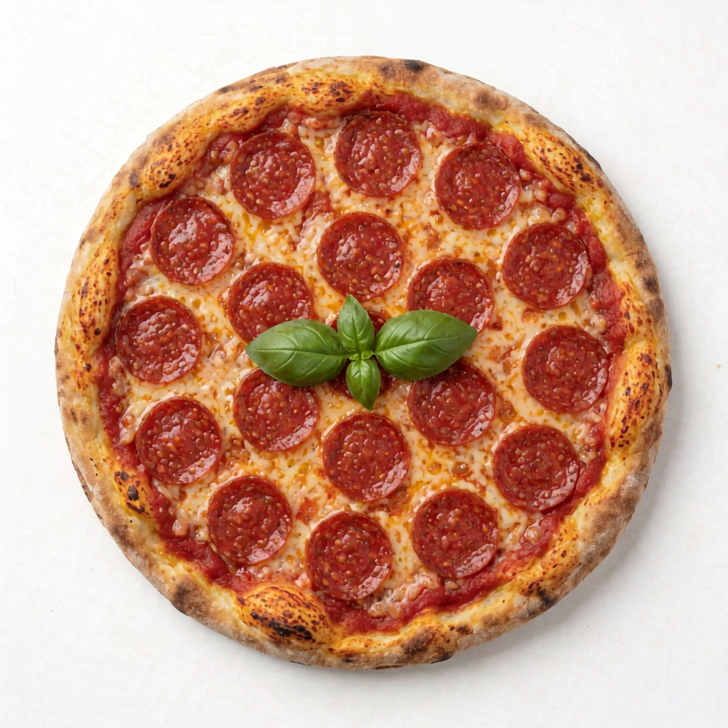 A pepperoni pizza with tomato sauce, basil, and crust but ab