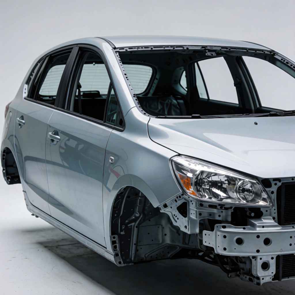 A car body with windows, doors, and headlights but no wheels