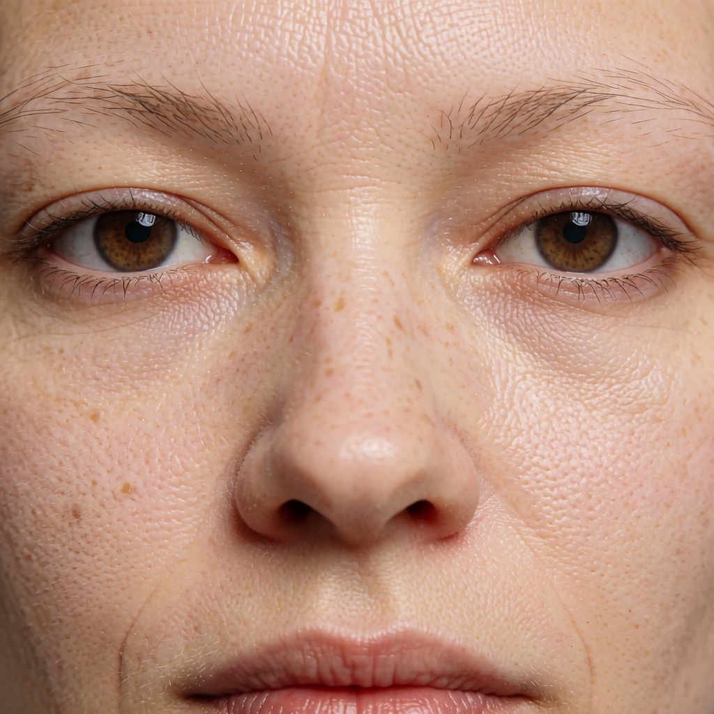 A human face with eyes, nose, and mouth but no eyebrows