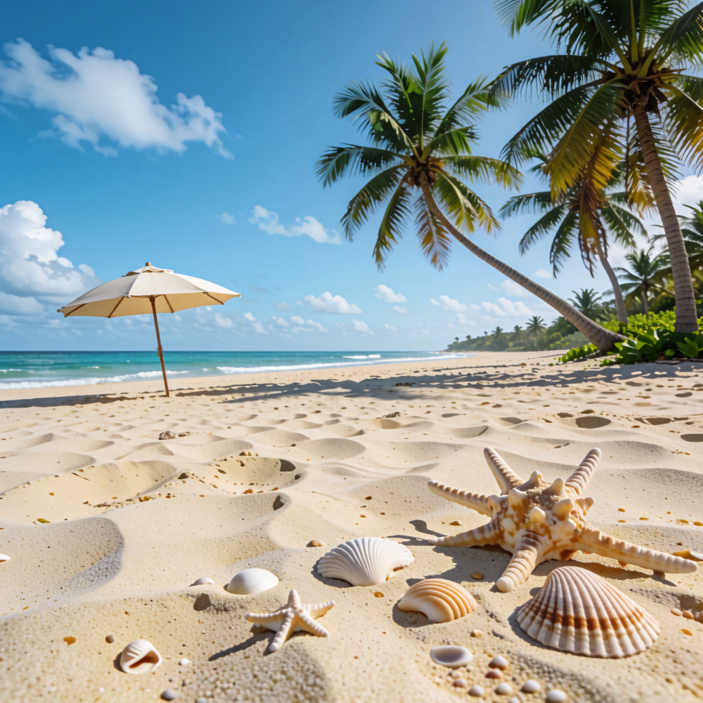 A sandy beach with palm trees, seashells, and a beach umbrel