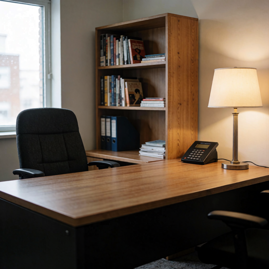 An office workspace with a desk, chair, bookshelf, and lamp 