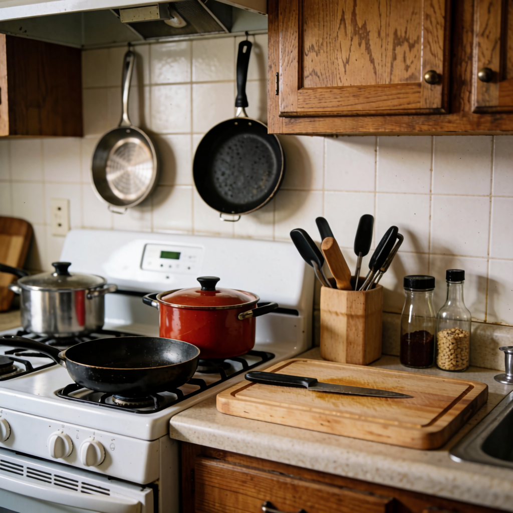 A kitchen with pots, pans, a stove, and a cutting board but 