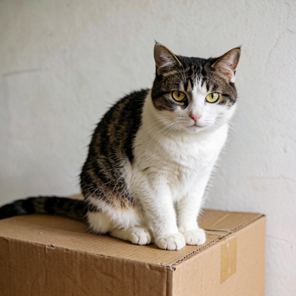 A cat sitting on top of a cardboard box