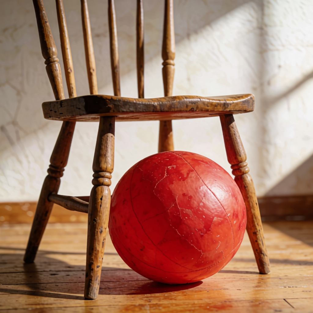A red ball underneath a wooden chair