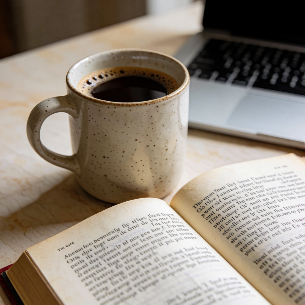 A coffee mug next to an open book on a desk