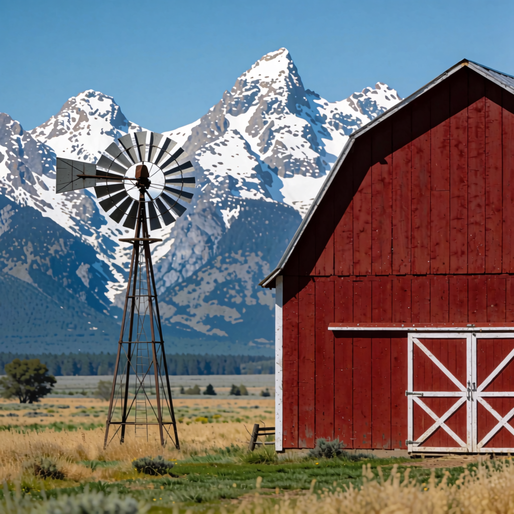 A landscape with a red barn in the foreground at large scale