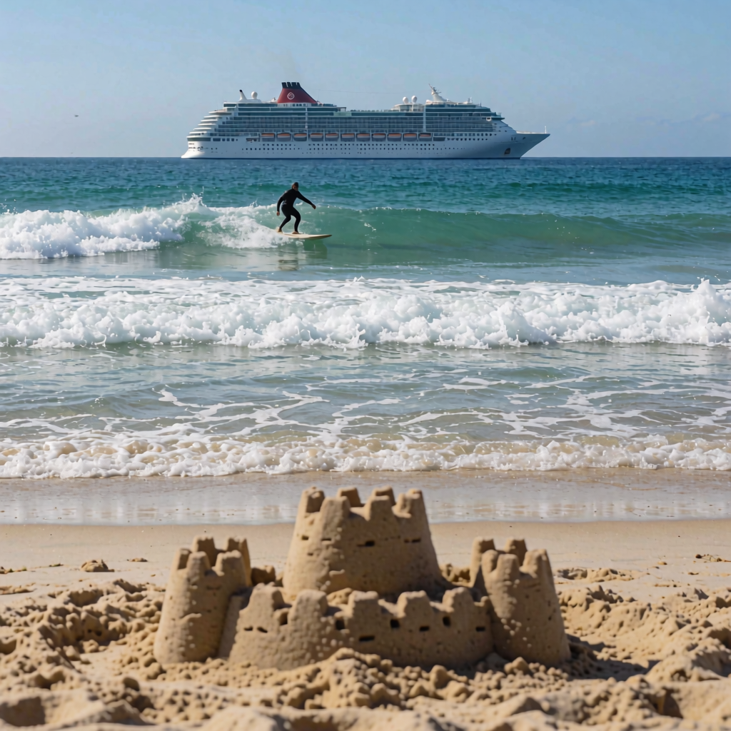 A beach scene with a sandcastle in the foreground, a surfer 