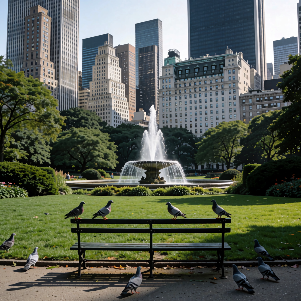 A city park with a park bench and pigeons in the foreground,