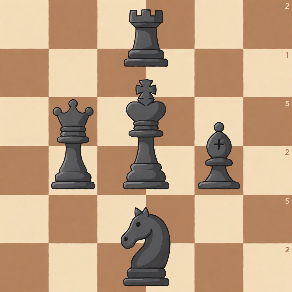 Five chess pieces on a board: a king in the center, a queen 