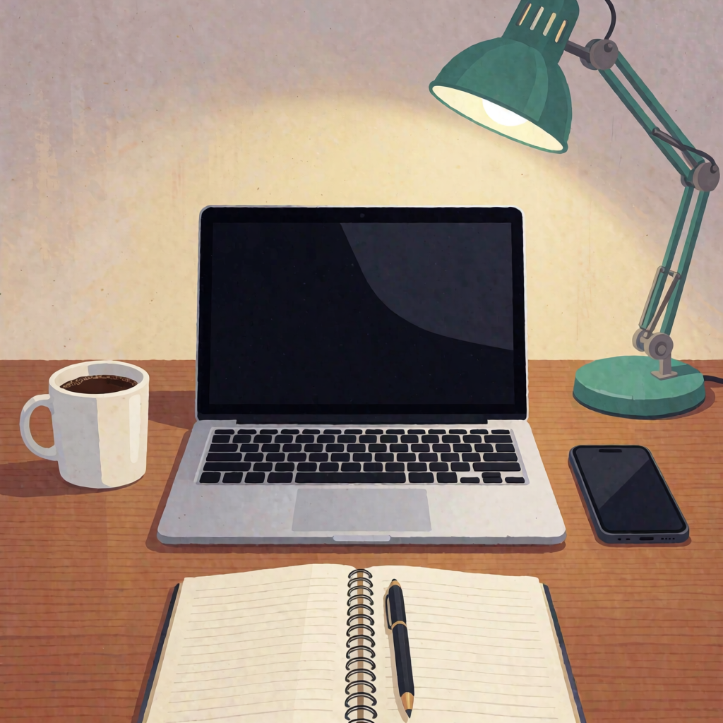 A desk scene: laptop in the center, coffee mug to the left, 