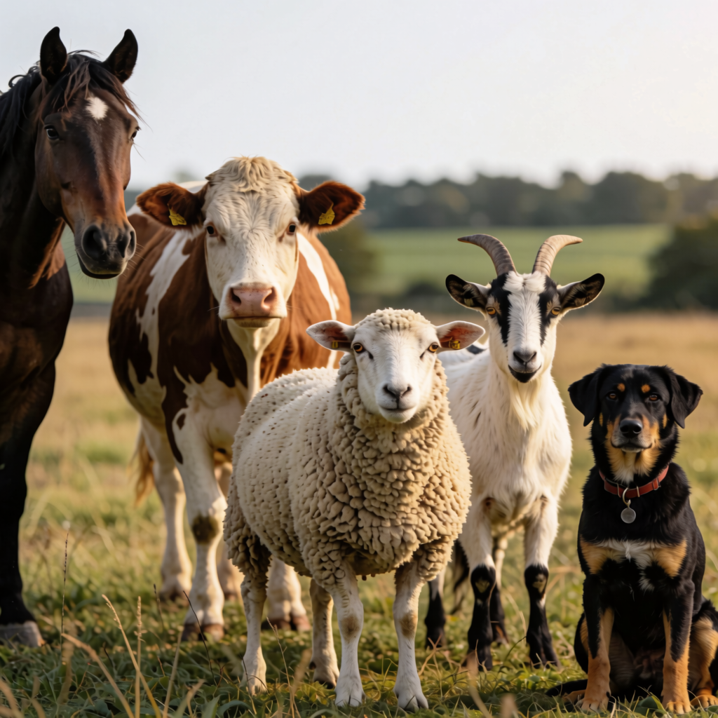 Five animals in a field: a horse on the far left, a cow to t