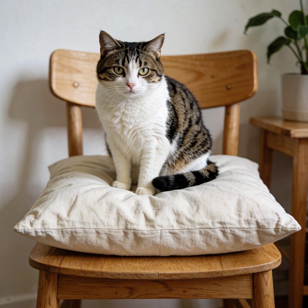 A cat sitting on a pillow, the pillow placed on a wooden cha
