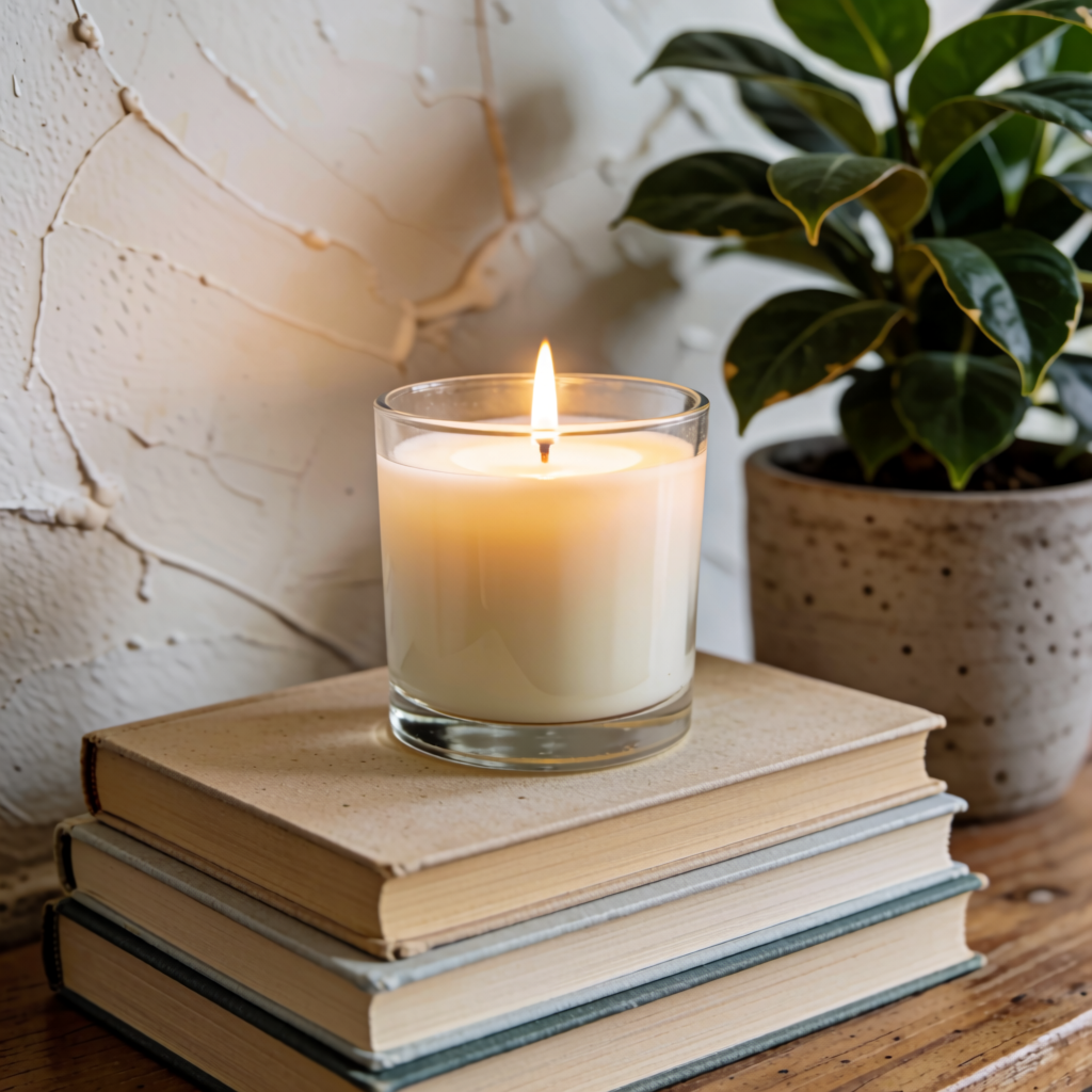 A candle on top of a stack of books, the books next to a pot