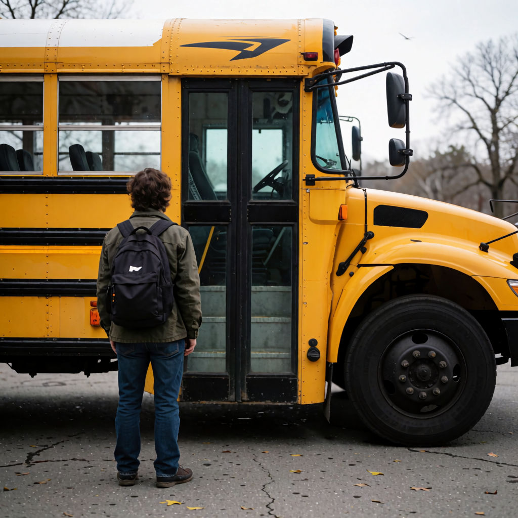 A person standing next to a yellow school bus, showing reali