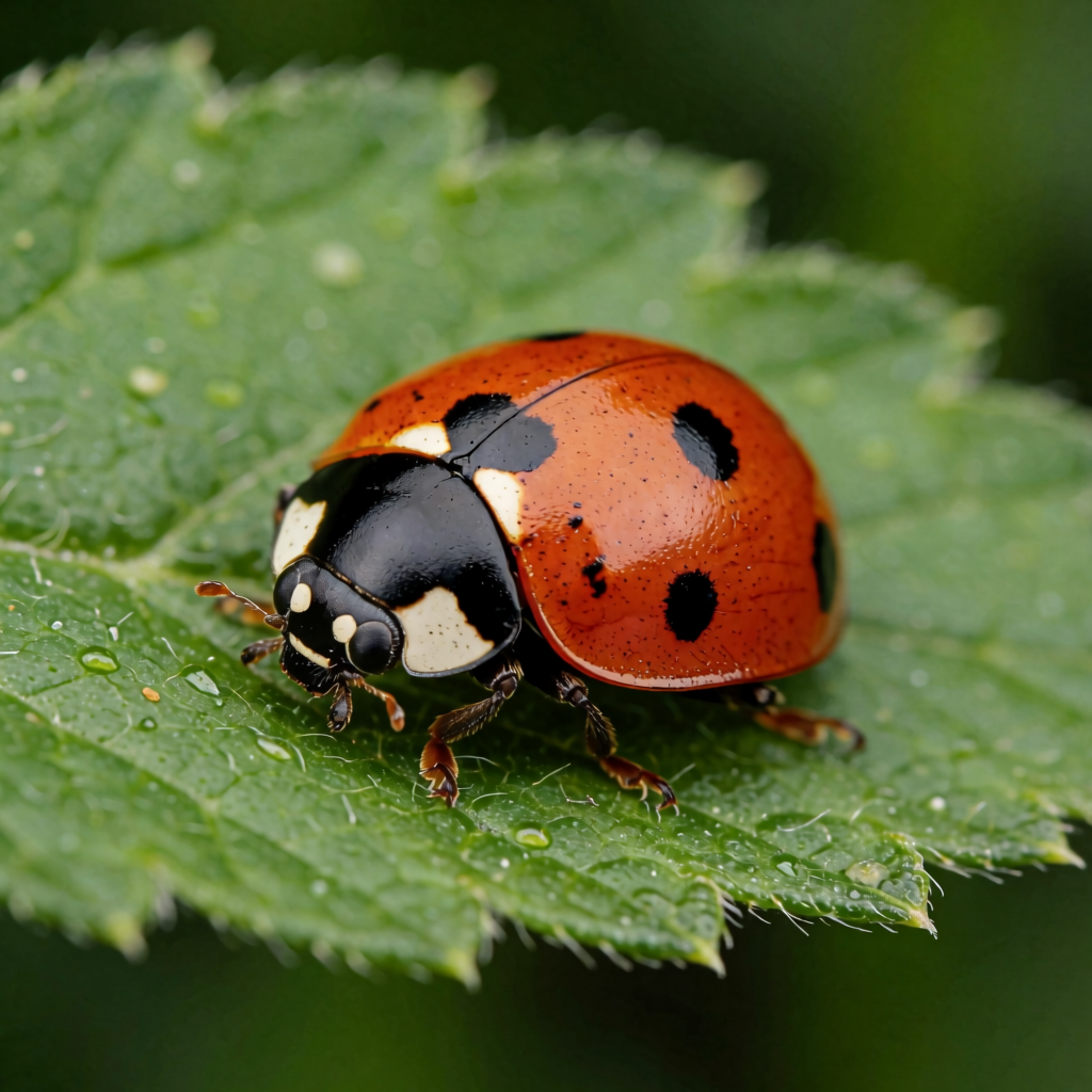 A ladybug sitting on a large green leaf, shown at realistic 
